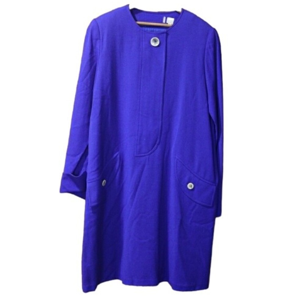 Vintage Royal Blue Wool Shirt Dress Wing Cuffs Mid Century Classic 60s 10